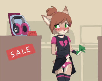 1girl amanda_scratch animal animal_ears black_gloves black_shirt black_skirt black_thighhighs blush borrowed_character bow bow_panties broken_heart broken_heart_print brown_fur brown_hair cameltoe cat_ears cat_girl cat_tail choker clothes_lift embarrassed fingerless_gloves flat_chest furry gloves green_eyes hair_ornament hairclip headphones heart heart_print holding holding_money loli long_hair looking_to_the_side lynx lynx_(species) money open_mouth original panties passpartout_(artist) paw_print pink_bow pink_panties print_panties print_shirt raglan_sleeves shirt shop short_sleeves skirt skirt_lift standing tail thighhighs underwear