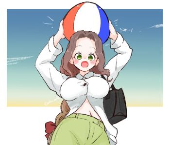 1girl :o arms_up ball beach_volleyball blue_background blue_sky blush_stickers border bow braid braided_ponytail breasts brown_hair commentary_request cowboy_shot forehead green_eyes green_shorts hair_bow holding holding_ball large_breasts long_hair looking_at_viewer olto_rondo open_mouth original outside_border partially_unbuttoned raised_eyebrows red_bow shirt shorts sky solo tareme white_border white_shirt