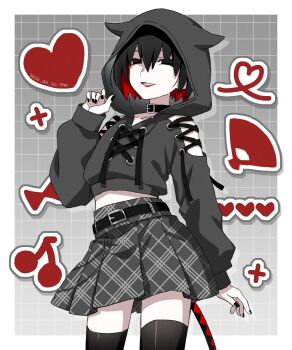 1girl :d absurdres animal_ear_hood arm_at_side artist_name bare_shoulders belt belt_buckle black_belt black_choker black_eyes black_hair black_nails black_skirt black_thighhighs bob_cut border buckle cherry choker clothing_cutout collarbone colored_inner_hair commentary cowboy_shot cropped_hoodie curled_fingers dated drawstring drop_shadow empty_eyes eyeliner fake_animal_ears food fruit goth_fashion grey_background grey_outline grid_background hair_between_eyes hand_fan hand_up heart highres hood hood_up hoodie initial lace-up lipstick long_sleeves looking_at_viewer makeup manimani_(mani_ma) midriff miniskirt monogatari_(series) multicolored_hair nail_polish narrowed_eyes no_gloves open_mouth oshino_ougi outline pale_skin paper_fan plaid_clothes plaid_skirt pleated_skirt plus_sign red_eyeliner red_hair red_lips short_hair shoulder_cutout signature skirt smile solo standing tail tail_strap thighhighs two-tone_hair untranslatable_commentary white_border white_outline zettai_ryouiki