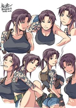1girl arm_tattoo ass belt black_lagoon breasts brown_hair cigarette cleavage commentary_request crop_top denim denim_shorts fingerless_gloves gloves gun handgun highres large_breasts looking_at_viewer midriff mimiyama_kiichi multiple_views ponytail revy_(black_lagoon) shorts shoulder_tattoo smoking tattoo weapon white_background