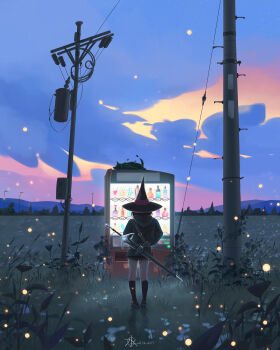 1girl absurdres aqua_hoodie artist_logo belt black_hair black_hat black_socks cat cloud cloudy_sky commentary facing_away familiar fantasy field flag gradient_sky grass gthlart hat hat_ribbon highres hoodie light_particles logo love_potion medium_hair original outdoors potion power_lines price_tag red_ribbon ribbon short_shorts shorts sky sleeping_animal socks solo sword sword_on_back tiptoes transformer tree two-handed_sword utility_pole vending_machine weapon weapon_on_back wide_shot witch witch_hat