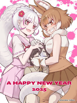 1boy 2025 2girls animal_ears arm_ribbon bare_shoulders black_hair blunt_bangs blush bow breast_smother breasts brown_hair byakuda_(kemono_friends) captain_(kemono_friends) catfight chinese_zodiac clothing_cutout collar dhole_(kemono_friends) dog_ears dog_girl dog_tail extra_ears face_to_breasts fangs flower gloves hair_ornament highres imminent_fight jacket japanese_clothes jealous kemono_friends kemono_friends_3 kimono kosai_takayuki large_breasts leg_ribbon long_hair looking_at_another multicolored_hair multiple_girls open_mouth pink_background pink_collar pink_hair pink_skirt pleated_skirt red_eyes ribbon safari_jacket sailor_collar school_uniform serafuku sharp_teeth shirt short_hair short_sleeves sidelocks skirt sleeveless smile snake_girl snake_print snake_tail tail teeth thigh_cutout torn_clothes torn_kimono two-tone_background two-tone_hair white_background white_hair white_shirt year_of_the_snake