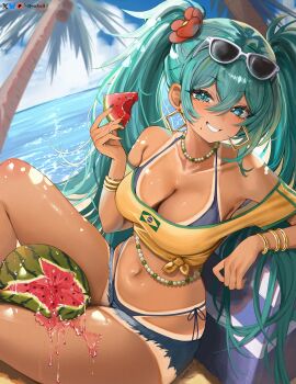 1girl alternate_breast_size_(larger) aqua_eyes aqua_hair beach bead_choker beads bikini bikini_tan blue_bikini blue_shorts blue_sky bracelet brazilian_flag brazilian_flag_print brazilian_miku breasts cleavage cloud coconut_tree commentary cropped_shirt crossed_bangs dark-skinned_female dark_skin day double-parted_bangs english_commentary eyewear_on_head flag_print food frayed_shorts fruit grin hair_between_eyes halterneck hatsune_miku highres jewelry large_breasts long_hair looking_at_viewer micro_shorts midriff mole mole_under_mouth navel ocean off-shoulder_shirt off_shoulder outdoors palm_tree rectangular_earrings rosebell shirt shorts shorts_tan side-tie_bikini_bottom sitting sky smile solo string_bikini sunglasses swimsuit t-shirt tan tanline tied_shirt tree twintails very_long_hair vocaloid watermelon watermelon_between_thighs watermelon_slice white-framed_eyewear yellow_shirt