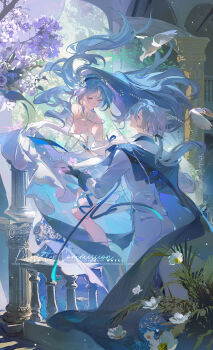 1boy 1girl absurdres blue_cape blue_eyes blue_hair breasts cape cleavage closed_mouth colored_inner_hair couple dress elbow_gloves eyelashes floating_hair friday_xiao_xingxing gloves hetero highres lips long_hair long_sleeves looking_at_another low_ponytail multicolored_hair original pants parted_bangs ponytail profile very_long_hair white_dress white_gloves white_pants