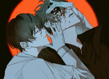 Rule 34 | 2boys, black hair, black shirt, blood, blood on face, closed eyes, collared shirt, commentary request, gloves, grin, hand on another's face, jpqaa5, kim dokja, korean commentary, male focus, multiple boys, omniscient reader's viewpoint, parted lips, shirt, short hair, smile, spotlight, white gloves, white shirt, yoo joonghyuk