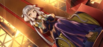 1girl artist_request bare_shoulders blunt_bangs chair child chinese_clothes closed_mouth code_geass code_geass:_lost_stories dress dutch_angle female_focus flat_chest full_body game_cg hair_tubes hands_up highres holding_own_wrist indoors legs_together light_particles long_hair long_sleeves looking_at_viewer m/ multicolored_dress nervous non-web_source official_art on_chair orange_eyes raised_eyebrows shaka_sign shoes sidelocks sitting solo sunlight sunset tassel throne tianzi two_side_up very_long_hair white_hair window yellow_shoes