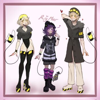 1boy 2girls beanie_hat boots choker coat glitch_productions hat high_heel_boots high_heels highres hood hoodie humanization leotard multiple_girls murder_drones personification platform_footwear platform_heels purple_eyes purple_hair smile striped_legwear tail thigh_boots thighhighs v_(murder_drones) white_hair