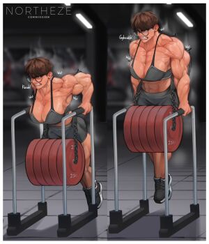 1girl abs breasts brown_hair chain cleavage exercising glasses gym highres large_breasts muscular muscular_female norutheze original round_eyewear shoes short_hair shorts sneakers solo steaming_body struggling sweat tank_top teeth veins veiny_arms weight weights
