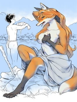 1boy 1girl arm_up body_fur censored censored_nipples claws commentary_request digitigrade fox_girl full_body furry furry_female highres long_hair on_rock orange_fur orange_hair original outdoors shirai_keita sitting tail very_long_hair wringing_clothes yellow_eyes