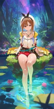 1girl atelier_(series) atelier_ryza bare_legs barefoot beret bracelet breasts brown_hair camisole cleavage detached_sleeves hair_ornament hairclip hat highres jacket jewelry lily_pad looking_at_viewer medium_breasts midriff midriff_peek moss multiple_bracelets navel necklace open_clothes open_jacket pond red_shorts reisalin_stout short_shorts shorts sidelocks sleeveless sleeveless_jacket smile solo star_(sky) star_(symbol) star_necklace thick_thighs thighs water white_camisole white_hat white_sleeves yellow_eyes yellow_jacket