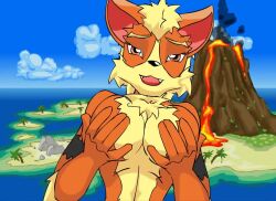 4girls animated arcanine arm_behind_head arms_behind_head bikini blue_bikini blue_eyes breasts buck_teeth curvy fangs furry furry_female gen_1_pokemon gen_4_pokemon grabbing_own_breast green_eyes hands_on_legs humanization island large_breasts looking_at_viewer meowth multicolored_fur multiple_girls nin10doh! nintendo ocean orange_eyes orange_fur pachirisu pikachu pokemon pokemon_snap_xxx red_bikini smile swimsuit tagme tail teeth turned_around video white_fur yellow_fur zooming_in