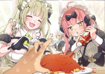 +_+ 1other 3girls ade_(nikke) ahoge antenna_hair black_dress black_gloves blonde_hair bottle breasts cleavage cocoa_(nikke) commentary_request dress gloves goddess_of_victory:_nikke green_hair heart heart_hands holding holding_bottle ketchup ketchup_bottle large_breasts looking_at_viewer maid maid_for_you_(nikke) maid_headdress multicolored_gloves multiple_girls niki_(nikism1987) open_mouth pink_hair soda_(nikke) two-tone_gloves white_gloves yellow_eyes