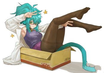 19vodnik 1girl absurdres animal_ear_fluff animal_ears bell blue_hair blue_tail box cat_ears cat_girl cat_tail collar commentary double_v fang fang_out feet glasses green_eyes highres lab_coat neck_bell original panties pantyhose pantyshot red-framed_eyewear shirt skirt sleeveless sleeveless_shirt symbol-only_commentary tail underwear v