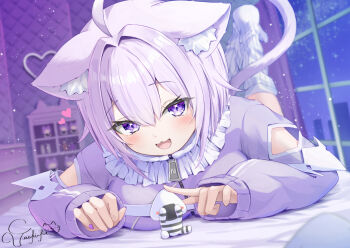1girl :d ahoge animal_ear_fluff animal_ears blurry blurry_background cat_ears cat_girl cat_tail commentary_request double-parted_bangs feet_up full_body hair_between_eyes hololive indoors jacket kneehighs long_sleeves looking_at_viewer lying nekomata_okayu nekomata_okayu_(membership) night no_shoes official_alternate_costume on_bed on_stomach onigirya_(nekomata_okayu) open_mouth purple_eyes purple_hair purple_jacket ribbed_socks short_hair smile socks solo tail the_pose torakichi_888 virtual_youtuber white_socks window