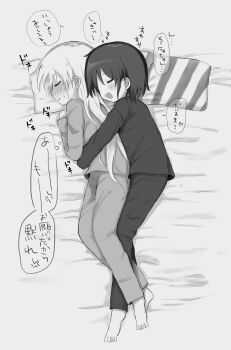 2girls bed blush closed_eyes cuddling greyscale hanabi_(yuruneko0624) highres hug hug_from_behind kill_me_baby long_hair lying monochrome multiple_girls on_side oribe_yasuna pajamas pillow short_hair smile sonya_(kill_me_baby) translation_request