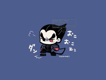 Rule 34 | 1boy, black hair, blue background, blue coat, chibi, chibi only, coat, commentary request, full body, heterochromia, kotorai, limited palette, male focus, mishima kazuya, necktie, pants, red eyes, shoes, sideburns, simple background, stomping, studded gloves, tekken, translation request, vest, watermark