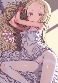 1girl blonde_hair breasts covered_erect_nipples dress highres long_hair looking_at_viewer lying mahou_shoujo_ni_akogarete morino_korisu on_side panties pantyhose puddinghomhom small_breasts solo underwear white_pantyhose