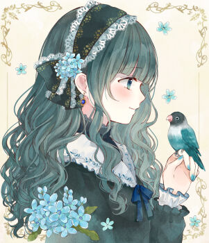 Rule 34 | 1girl, bird, bird on hand, blue eyes, blue ribbon, blunt bangs, blush, closed mouth, commentary request, frilled sleeves, frills, from side, green hair, green hairband, green shirt, hairband, highres, lace-trimmed hairband, lace trim, long hair, long sleeves, lovebird, nail polish, neck ribbon, original, profile, red nails, ribbon, shirt, solo, tententuyu, upper body, wavy hair