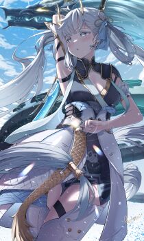 1girl 1other absurdres arm_up armpits black_collar black_dress blue_sky bow breasts bright_pupils cleavage coat collar colored_eyelashes commentary cowboy_shot dragon dress eastern_dragon eastern_dragon_horns english_commentary hair_bow highres jinhsi_(wuthering_waves) jue_(wuthering_waves) kuji-in large_breasts long_hair low_twintails maeru multiple_hair_bows signature sky thighhighs twintails two_side_up very_long_hair white_bow white_coat white_eyelashes white_eyes white_hair white_pupils white_thighhighs wuthering_waves