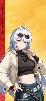 1girl absurdres ahoge belt casual chain chain_necklace crop_top eyewear_on_head hand_on_own_hip highres jewelry long_hair midriff navel necklace official_alternate_costume official_art smile solo stomach sunglasses watermark weibo_watermark white_hair yellow_eyes yixuan_(zenless_zone_zero) zenless_zone_zero