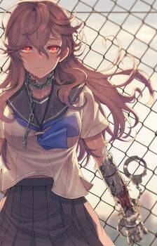 1girl android android_girl_aki chain chain-link_fence chain_around_neck cuffs fence glowing glowing_eyes handcuffs highres itou_(onsoku_tassha) long_hair mechabare mechanical_hands original red_eyes red_pupils school_uniform serafuku single_mechanical_hand skirt tagme