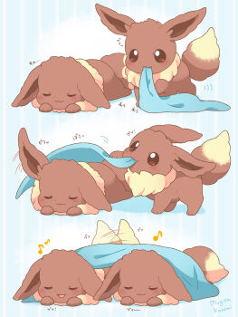 :3 :d artist_name blanket blue_background blush brown_eyes closed_eyes commentary_request eevee gen_1_pokemon highres lying motion_lines mouth_hold mugita_konomi musical_note nintendo no_humans on_stomach open_mouth pokemon pokemon_(creature) sleeping smile striped_background tail tail_wagging vertical-striped_background