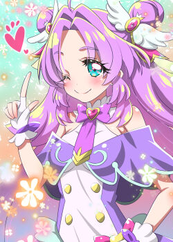 Rule 34 | 1girl, ai wa muteki, akechi anna, blue eyes, blush, bow, bowtie, commentary request, cure answer, fingerless gloves, gloves, hair ornament, highres, long hair, magical girl, meitantei precure!, one eye closed, precure, purple bow, purple bowtie, purple hair, smile, winged hair ornament