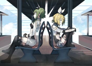 2girls bench black_bra black_gloves black_thighhighs blonde_hair blue_eyes bra breasts commentary_request crossed_legs fingerless_gloves gloves goggles goggles_on_head grey_hair gumi hair_ornament hairband hairpin highres invisible_(vocaloid) kagamine_rin medium_breasts multiple_girls short_shorts shorts sitting soyaka sweatdrop thighhighs torn_clothes torn_thighhighs train_station underwear vocaloid white_hairband white_shorts
