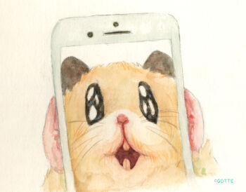animal animal_focus artist_name cellphone commentary_request face_filter gotte hamster highres holding holding_phone no_humans original painting_(medium) phone selfie simple_background smartphone traditional_media watercolor_(medium) white_background