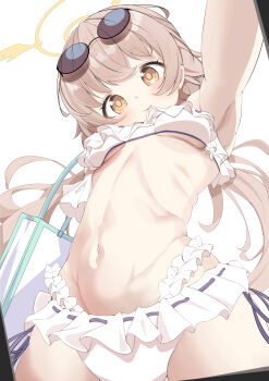 Rule 34 | 1girl, absurdres, armpits, bare shoulders, bikini, blonde hair, blue archive, blush, closed mouth, collarbone, commentary request, eyelashes, eyewear on head, frills, hair between eyes, hair ornament, hair ribbon, halo, halterneck, hifumi (blue archive), hifumi (swimsuit) (blue archive), highres, kura chikara ne, long hair, looking at viewer, low twintails, nail polish, navel, official alternate costume, pink nails, ribbon, ribbon-trimmed bikini, ribbon trim, round eyewear, ruffle bikini, side-tie bikini bottom, sidelocks, smile, solo, stomach, sunglasses, swimsuit, twintails, white bikini, white ribbon, yellow eyes, yellow halo