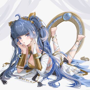 1girl absurdres ahoge alternate_hairstyle ancient_greek_clothes barefoot blue_eyes blue_hair blush breasts commentary feet feet_up gold_bra greco-roman_clothes hands_up highres iuno_(wuthering_waves) laurel_crown long_hair looking_at_viewer lying medium_breasts multicolored_hair on_stomach parted_lips riuv187567 shoes soles solo streaked_hair the_pose twintails unworn_shoes very_long_hair wuthering_waves