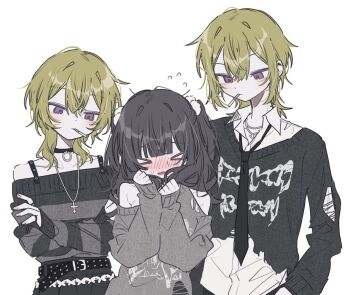 Rule 34 | > <, 1boy, 2girls, bare shoulders, belt, black belt, black choker, black hair, black necktie, black sweater, blush, choker, cigar, closed mouth, collarbone, collared shirt, commission, cowboy shot, crossed arms, dear vocalist, double-parted bangs, expressionless, fingernails, genderswap, genderswap (mtf), green hair, grey sweater, hair between eyes, hair tie, half-closed eyes, hand on own hip, hands up, head tilt, jewelry, jitome, layered shirt, long hair, looking at another, medium hair, momochi (dear vocalist), mullet, multiple girls, necklace, necktie, original, patzzi, purple eyes, raised inner eyebrows, shirt, shy, simple background, sleeves past wrists, smoking, spiked belt, sweatdrop, sweater, torn clothes, torn sweater, white background, white shirt