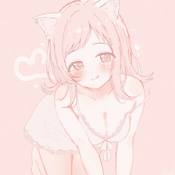 Rule 34 | 1girl, :q, all fours, animal ears, bare arms, bare legs, barefoot, blush, breasts, cat ears, cat tail, chemise, cleavage, collarbone, commentary request, flipped hair, gameso, heart, highres, idolmaster, idolmaster shiny colors, kemonomimi mode, lace-trimmed chemise, looking at viewer, medium breasts, medium hair, sakuragi mano, simple background, smile, solo, strap slip, tail, tongue, tongue out, white chemise