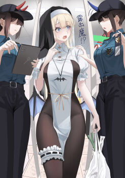!? 3girls absurdres black_bodysuit black_pants blonde_hair blue_eyes blue_horns bodysuit breasts commentary_request demon_wings highres horns multiple_girls no_panties nun_headdress oni open_mouth original pants police police_uniform red_horns tanishi_(hetianming11093) wings