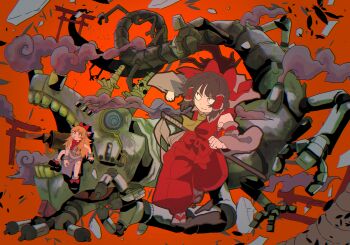 Rule 34 | 2girls, :3, artillery, ascot, black eyes, black shoes, bow, bowtie, brown hair, brown horns, cable, cannon, chest sarashi, commentary request, cuffs, debris, detached sleeves, fleeing, footwear bow, gohei, grey shirt, hair bow, hair tubes, hakama, hakama pants, hakurei reimu, highres, horn ornament, horns, ibuki suika, inuyama konan, japanese clothes, looking to the side, multiple girls, multiple legs, multiple torii, non-humanoid robot, orange background, orange hair, pants, pointy ears, purple skirt, red bow, red hakama, robot, robot dragon, running, sandals, sarashi, shackles, ship turret, shirt, shoes, simple background, sitting, skirt, sleeveless, sleeveless shirt, smoke, smoke trail, smokestack, tabi, thick eyebrows, torii, touhou, twisted torso, waist bow, yellow ascot, zouri