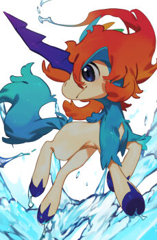 Rule 34 | blue eyes, closed mouth, commentary request, gen 5 pokemon, highres, horns, keldeo, keldeo (resolute), legendary pokemon, mixed-language commentary, mythical pokemon, nintendo, no humans, orange hair, pokemon, pokemon (creature), pokemon focus, single horn, smile, solo, unicorn, water, yagita (astronomie)