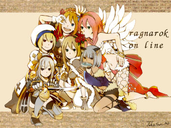 6+girls animal_ears arch_bishop_(ragnarok_online) bangle bikini black_hairband black_shoes black_shorts black_thighhighs blonde_hair blue_eyes blue_sleeves blunt_bangs bow bow_hairband bracelet brown_background brown_bow brown_eyes brown_hair cape cat_ears cat_girl closed_mouth commentary_request copyright_name creator_(ragnarok_online) detached_sleeves dress feather_trim feathered_wings fingernails fish_in_mouth flower frilled_hairband frills full_body fur-trimmed_cape fur-trimmed_sleeves fur_trim gloves green_eyes grey_cape grey_gloves grey_hair hairband hat hat_flower high_wizard_(ragnarok_online) holding holding_sword holding_weapon jewelry johnson_(wassyoi) long_hair looking_at_viewer multiple_girls open_mouth pink_bikini pink_hair ragnarok_online red_flower red_hairband red_nails royal_guard_(ragnarok_online) shoes short_hair shorts signature smile stalker_(ragnarok_online) swimsuit sword tam_(ragnarok_online) tan thigh_strap thighhighs wanderer_(ragnarok_online) weapon white_bikini white_dress white_gloves white_hat white_wings wings