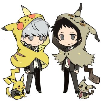 2boys adachi_tooru cosplay full_body gen_1_pokemon gen_7_pokemon grey_hair highres inol_lum male_focus mimikyu mimikyu_(cosplay) multiple_boys narukami_yu nintendo onesie persona persona_4 pikachu pikachu_(cosplay) pokemon pokemon_(creature) school_uniform yasogami_school_uniform