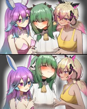 3girls absurdres animal_ears blonde_hair blue_eyes blue_hair blush bra breast_focus breasts cleavage commentary cottontail_(vtuber) cow_ears cow_girl cow_horns crelly dark-skinned_female dark_skin english_commentary female_orgasm fff_threesome freckles gradient_hair green_hair group_sex heterochromia highres horns implied_orgasm indie_virtual_youtuber koko_d._nuts large_breasts lavidi mole mole_on_breast monkey_ears monkey_girl multicolored_hair multiple_girls nipple_stimulation nipple_stimulation_through_clothes orgasm pink_hair purple_eyes purple_hair rabbit_ears rabbit_girl sideboob tears threesome underwear virtual_youtuber yellow_bra yellow_eyes yuri