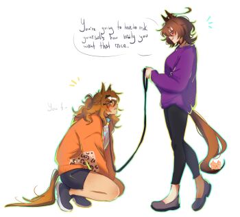 Rule 34 | 2girls, absurdres, agnes tachyon (casual) (umamusume), agnes tachyon (umamusume), ahoge, animal ears, black pants, black shorts, blush, braid, breasts, brown hair, calamity brezze, casual, earrings, english text, hair between eyes, half up braid, highres, holding, holding leash, horse ears, horse girl, horse tail, huge ahoge, jacket, jewelry, jungle pocket (casual) (umamusume), jungle pocket (umamusume), leash, long sleeves, looking at another, medium hair, multiple girls, necklace, notched ear, open mouth, orange jacket, pants, purple shirt, purple sweater, red eyes, shirt, short hair, shorts, single earring, smile, speech bubble, sweater, tail, tank top, umamusume, white tank top, yellow eyes, yuri