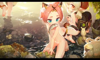 4girls absurdres animal_ears arm_support ass backpack bag bag_charm barefoot bell blonde_hair blush braid breasts bucket newsboy_cap cat_ears cat_tail charm_(object) cleft_of_venus diona_(genshin_impact) dodoco_(genshin_impact) feet female_focus fish genshin_impact green_eyes hair_bell hair_bobbles hair_ornament hair_rings hat highres jumpy_dumpty klee_(genshin_impact) kneeling light_brown_hair loli long_hair looking_at_another looking_back low_twintails mouth_hold multiple_girls nipples nude open_mouth orange_eyes pink_hair pointy_ears pussy randoseru sayu_(genshin_impact) short_hair short_twintails sitting small_breasts soles tail thick_eyebrows tianliang_duohe_fangdongye toes topknot twintails uncensored wading walking water wet yaoyao_(genshin_impact)
