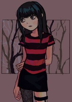 1girl asymmetrical_legwear bare_tree black_hair commentary cowboy_shot grey_eyes highres holding holding_own_arm io_(onisarashi) leg_brace long_hair looking_to_the_side miniskirt ruby_(the_path) shirt short_sleeves single_leg_pantyhose skirt solo striped_clothes striped_shirt t-shirt the_path tree