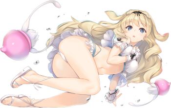 Rule 34 | 1girl, animal ears, ass, bikini, bikini skirt, blonde hair, blue eyes, full body, highres, jellyfish, kusugawa sasara, long hair, looking at viewer, navel, non-web source, official art, open mouth, photoshop (medium), sandals, simple background, solo, swimsuit, to heart (series), to heart 2, water drop, white background, white sandals, wrist cuffs