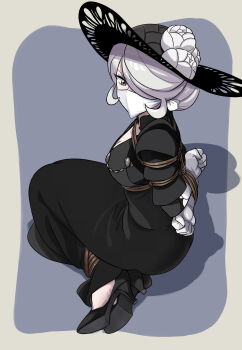 1girl absurdres bdsm bondage bound bound_ankles bound_wrists breast_bondage breasts cleavage cloth_gag cogita_(pokemon) dress gag gagged gloves grey_eyes grey_hair hair_over_one_eye hat high_heels highres improvised_gag lost_one_zero mature_female nintendo over_the_nose_gag pokemon pokemon_legends:_arceus rope sideboob