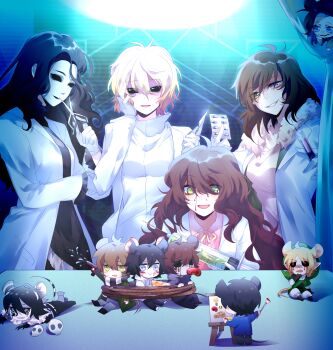 4girls 6+boys 779762391_(lofter) :d ahoge animal_ears antenna_hair arm_under_breasts bags_under_eyes ben_drowned black_dress black_hair black_lips black_pants black_scarf black_sclera blonde_hair blood blood_from_forehead bloody_painter bloody_tears blue_eyes bound breasts brothers brown_hair canvas_(object) character_request cheese chinese_commentary clockwork_(creepypasta) closed_mouth coat collared_shirt colored_sclera commentary_request creepypasta curtains drawstring dress eyeless_jack eyes_visible_through_hair food frilled_dress frilled_sleeves frills green_eyes grey_hoodie grin gun hair_between_eyes hand_on_own_cheek hand_on_own_face hand_up heterochromia highres holding holding_food holding_gun holding_paint_palette holding_paintbrush holding_pill holding_scalpel holding_scissors holding_syringe holding_weapon hollow_eyes homicidal_liu hood hood_down hoodie indoors jane_the_killer jeff_the_killer judge_angels_(creepypasta) kemonomimi_mode lab_coat large_syringe laughing_jack link long_hair long_sleeves looking_at_another looking_at_viewer medium_breasts medium_hair mini_person miniboy mouse_boy mouse_ears mouse_tail multiple_boys multiple_girls neck_ribbon nintendo open_clothes open_coat open_mouth oversized_object paint_palette paintbrush pants pink_shirt pointy_ears pointy_nose red_eyes ribbon sally_williams scalpel scarf scissors shirt short_hair siblings skull small_breasts smile striped_clothes striped_scarf sweater syringe table tail the_legend_of_zelda tied_up_(nonsexual) turtleneck turtleneck_sweater two-tone_scarf very_long_hair wavy_hair weapon white_coat white_eyes white_hoodie white_scarf white_shirt white_sweater yellow_ribbon