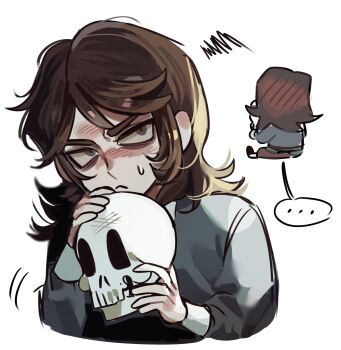 1boy abaddon_(haunted_hotel) abaddon_(human)_(haunted_hotel) brown_hair grey_eyes haunted_hotel highres holding holding_skull long_hair looking_at_viewer male_focus multiple_views qpwksnaz simple_background skull upper_body white_background