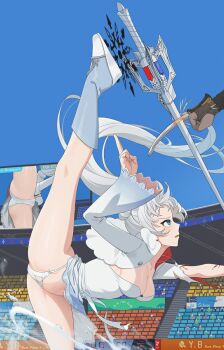 1girl 1other ass blood blue_eyes boots breasts clash claw_(weapon) cleavage crotch cuts day dress duel flexible floating_hair from_below glyph highres injury jewelry leg_up medium_breasts myrtenaster necklace panties pantyshot parted_lips rwby screen sideboob split stadium standing standing_on_one_leg standing_split sword thighs underwear upskirt wangxiii weapon weiss_schnee white_dress white_hair white_panties