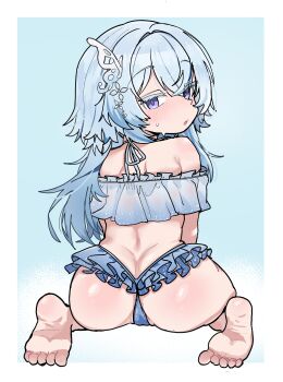 1girl absurdres aged_down alternate_costume ass barefoot bikini blue_background blue_bikini blue_hair border feet frilled_bikini frills hair_ornament halterneck highres loli long_hair looking_at_viewer looking_back open_mouth outside_border poyo154297 purple_eyes ruffle_bikini shorekeeper_(wuthering_waves) simple_background sitting soles solo swimsuit thick_eyebrows toes wariza white_border wuthering_waves