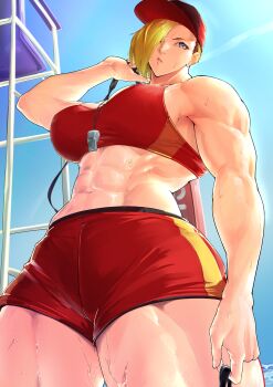 1girl abs absurdres asymmetrical_bangs baseball_cap beach blonde_hair blue_eyes breasts chair cropped_legs hair_over_one_eye hat highres kureshi_(hannzi) lifeguard lifeguard_chair muscular muscular_female original outdoors red_shorts short_shorts shorts solo sports_bra standing sweat thick_thighs thighs whistle whistle_around_neck