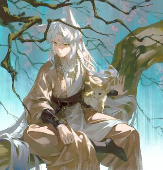 1boy animal_ears belt branch chinese_clothes facial_mark forehead_mark hanfu highres in_tree jewelry long_hair long_sleeves looking_to_the_side male_focus necklace original pants sitting sitting_in_tree solo tree very_long_hair white_hair xiaojiaju yellow_eyes